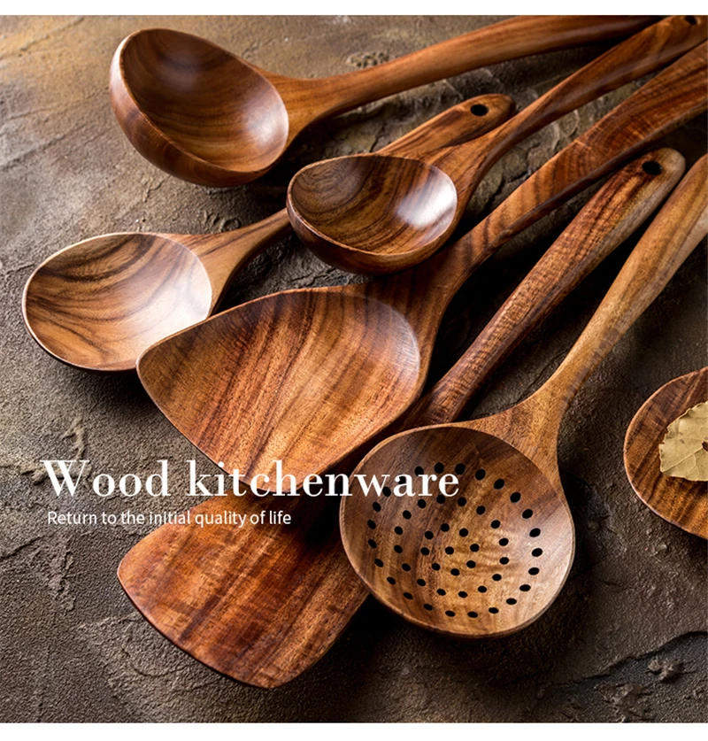 Description Picture 2 of item1-7pcs/set Teak natural wood tableware spoon colander spoon special nano soup skimmer cooking spoon wooden kitchen tool kit