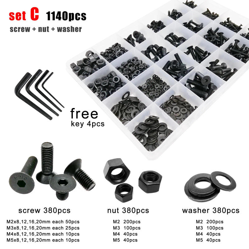 Description Picture 6 of item400/2100 M1.6 M2 M2.5 M3 M4 Black Grade 10.9 Steel Hexagon Hex Socket Flat Countersunk Head Screw Bolt Nut Washer Assortment Kit