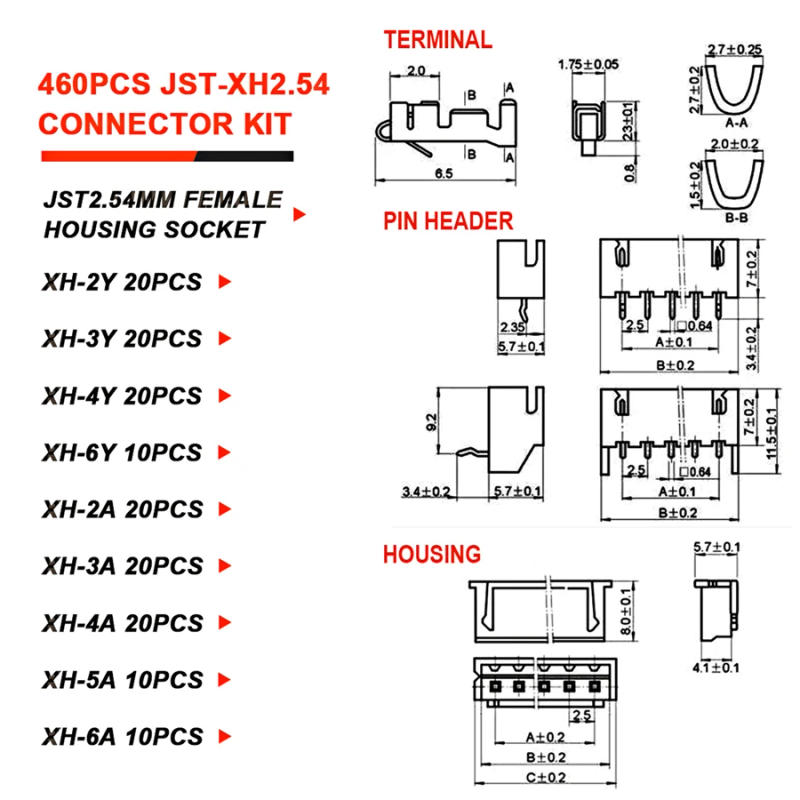 Description Picture 4 of itemJST XH2.54 PH2.0 Male Female Connector Kit 2/3/4/5/6 Pin Plug with Terminal Wires Cables Socket Header Wire Connectors Kit