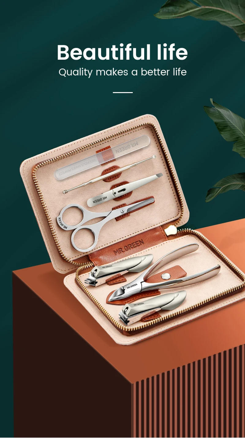 Description Picture 3 of itemMR.GREEN Manicure Set With Leather Case 7 in 1 Professional Foot And Face Care Tool Kits Stainless Steel Nail Clipper Sets Gift