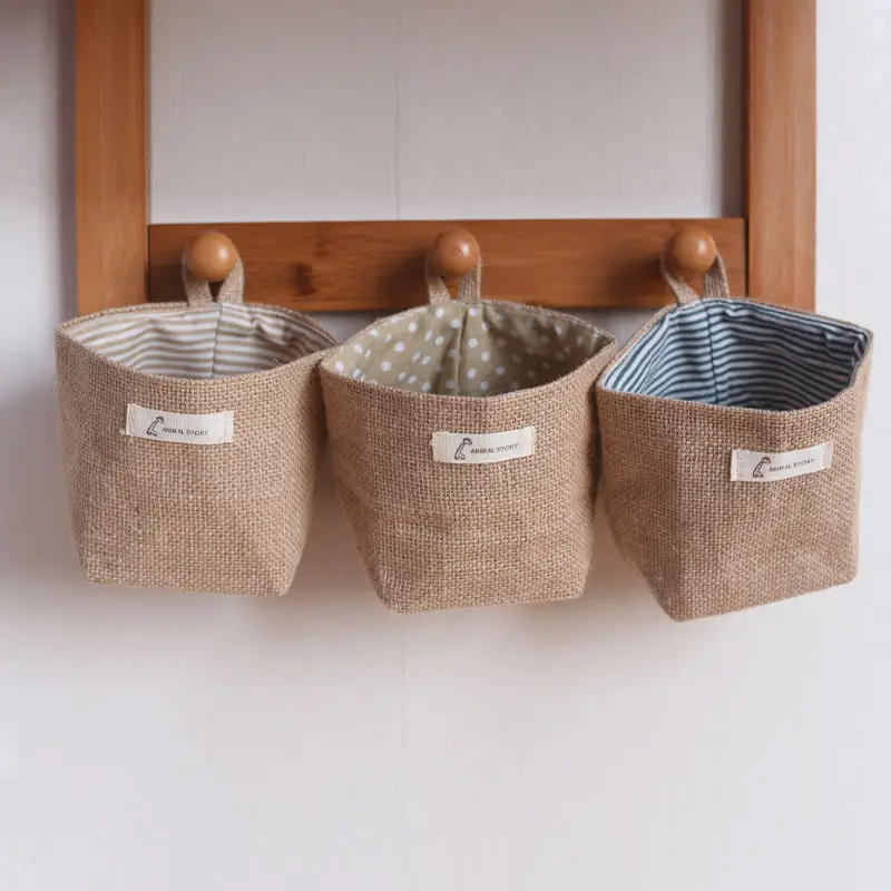 Description Picture 3 of itemHanging Storage Bag Fabric Jute Desktop Storage Bucket Home Office Organizer Flower Pot Small Sack Bathroom Kitchen Basket