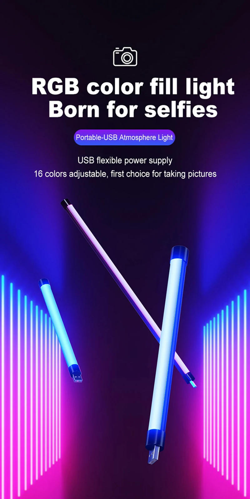 Description Picture 5 of itemPortable Led Stick Light RGB Stick Light Colorful Atmosphere Night Lights Stick USB Selfie Lamp Live Beauty Photography Lighting