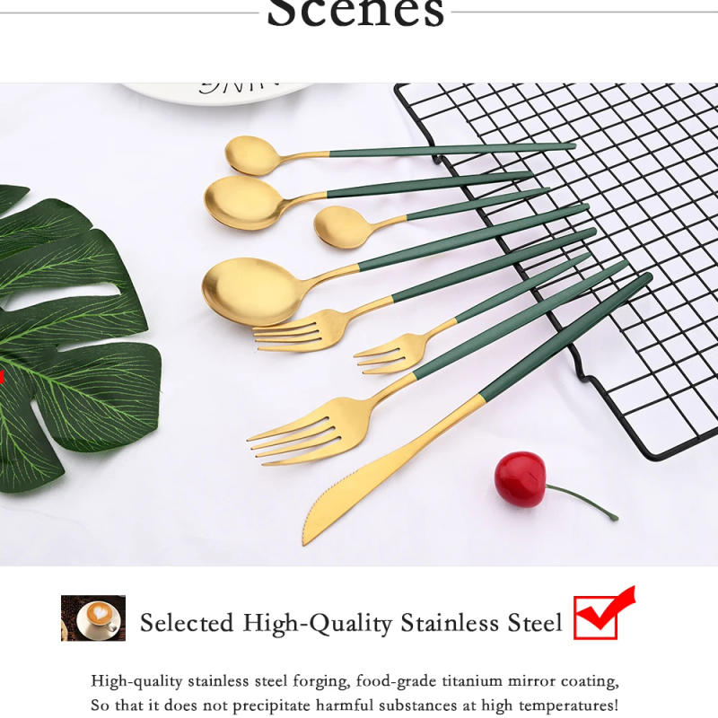 Description Picture 6 of itemIns Style Matte Flatware Stainless Steel Cutlery Set Green Gold Dinnerware Home Spoon Fork  And Knives Set Fruit Forks For Kids
