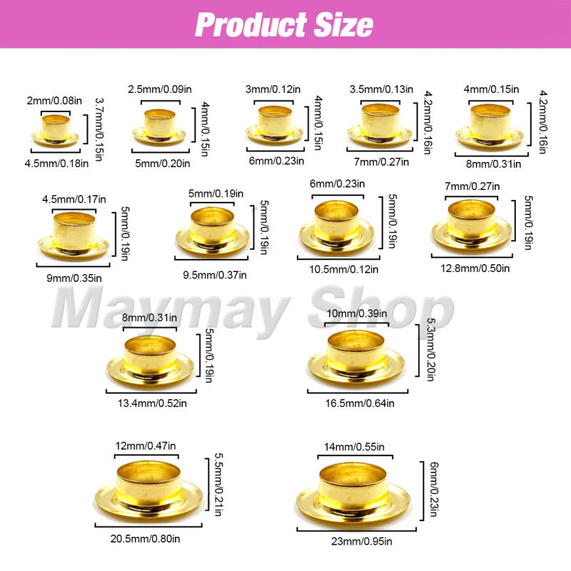 Description Picture 3 of item50set Gold Colors Metal Eyelet Grommets With Eyelet Punch Die Tool Set For DIY Leathercraft Accessories Clothing Shoes Belt Bag