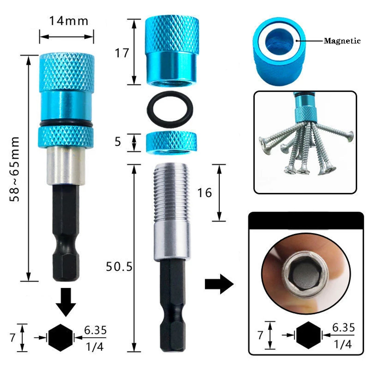 Description Picture 3 of item1/4 Hex Shank Electric Drill Magnetic Screwdriver Bit Holder 60mm Stainless Steel Magnetism Limit Adjustable Extension Bar 60mm