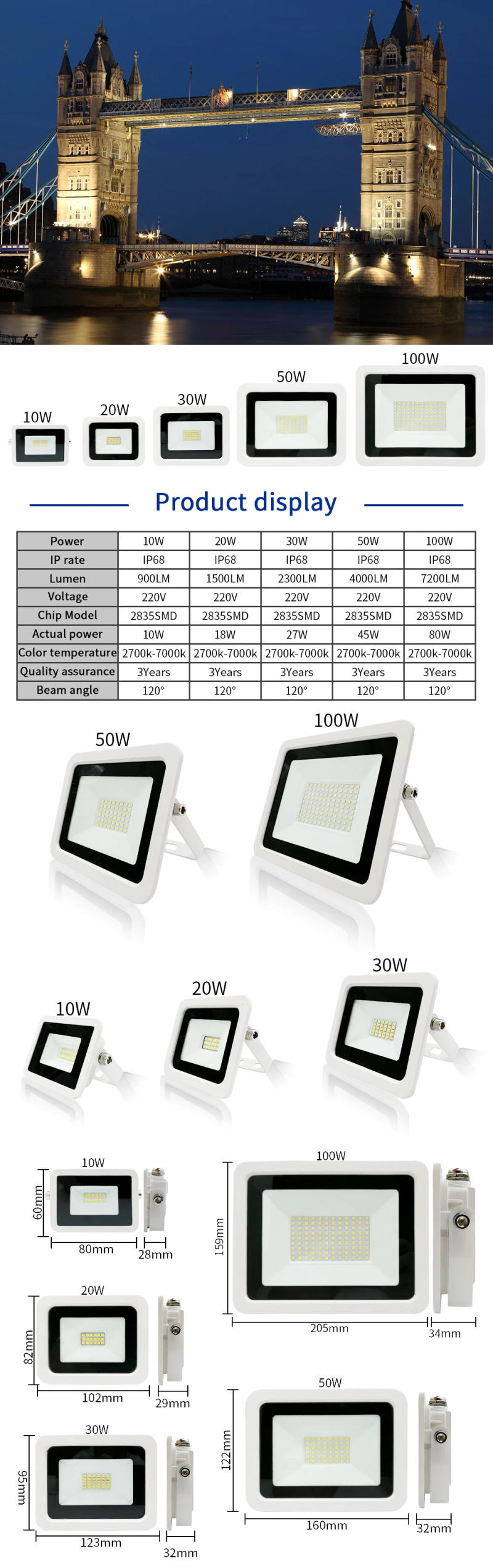 Description Picture 2 of itemLED Flood Light 10W 20W 30W 50W 100W Floodlight IP68 Waterproof 220V-240V Spotlight Refletor Outdoor Graden Lighting Newest