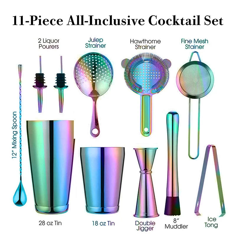 Description Picture 3 of itemRainbow Cocktail Shaker Bar Set: 2 Weighted Boston Shakers, Cocktail Strainer Set,Jigger,Muddler and Spoon, Ice Tong ,2 Pourer
