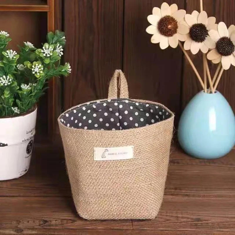Description Picture 6 of itemHanging Storage Bag Fabric Jute Desktop Storage Bucket Home Office Organizer Flower Pot Small Sack Bathroom Kitchen Basket