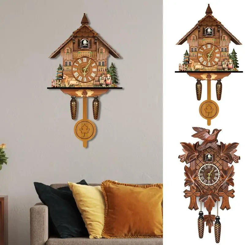 Description Picture 2 of itemGerman Black Forest Cuckoo Clock Retro Nordic Style Wooden Cuckoo Wall Clock Vintage Nordic Style Wall Alarm Clock for Home