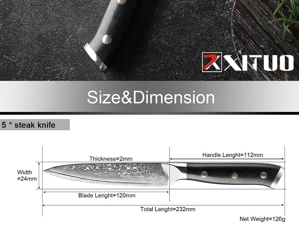 Description Picture 3 of itemXITUO High Quality Damascus Steak Knife Set Japanes VG10 Steel Black G10 Handle Western Knife Home&Restaurant Dinner Meat Knives