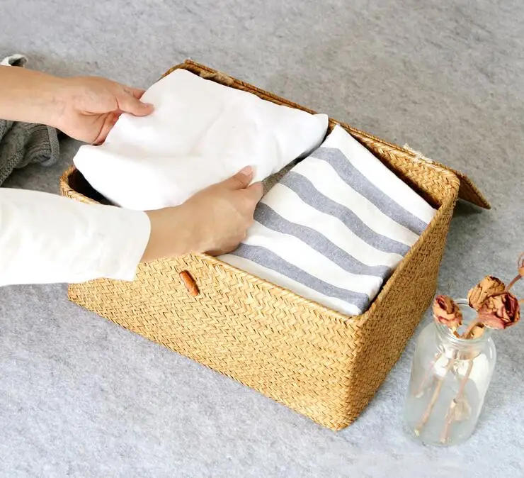 Description Picture 4 of itemHandmade Seagrass Woven Storage Box Seaweed Storage Finishing Basket with Lid Sundry Bath Cosmetic Towel Container mx01161829