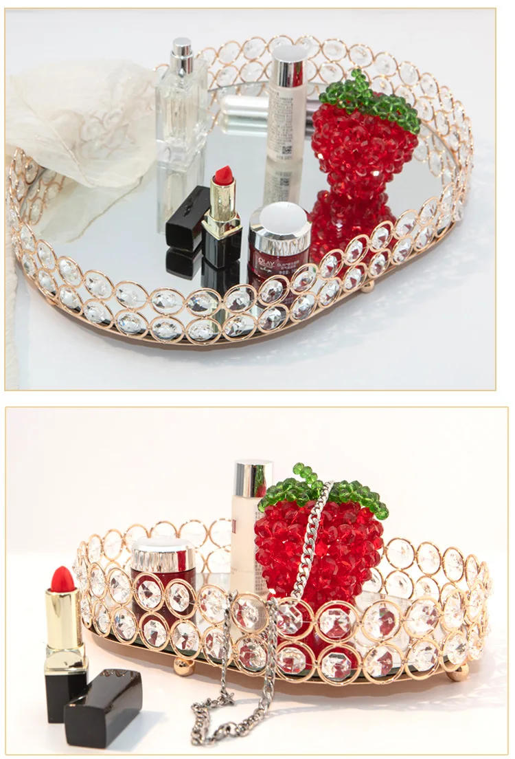 Description Picture 2 of itemGolden Crystal Mirror Tray Jewelry Storage Box Glass Mirror Cosmetic Rack Desktop Storage Organizing Dishes Wedding Fruit Dish