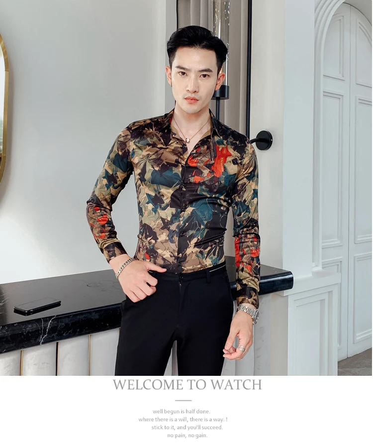 Description Picture 5 of itemLeaf Print Shirt Autumn Men's Business Slim Long Sleeve Tuxedo Shirt Fashion Men's Casual Street Clothing Abstract Print Shirt