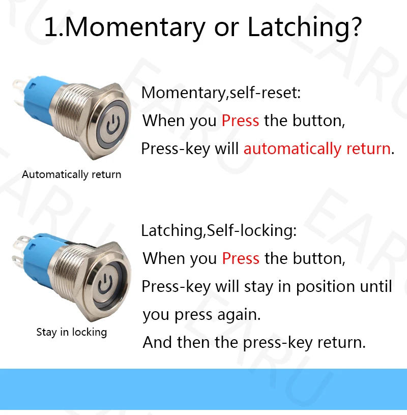 Description Picture 3 of item16mm 1NO High Flat Head Waterproof Momentary Reset Metal Push Button Switch Screw Terminal Car Engine Doorbell PC Power Switch