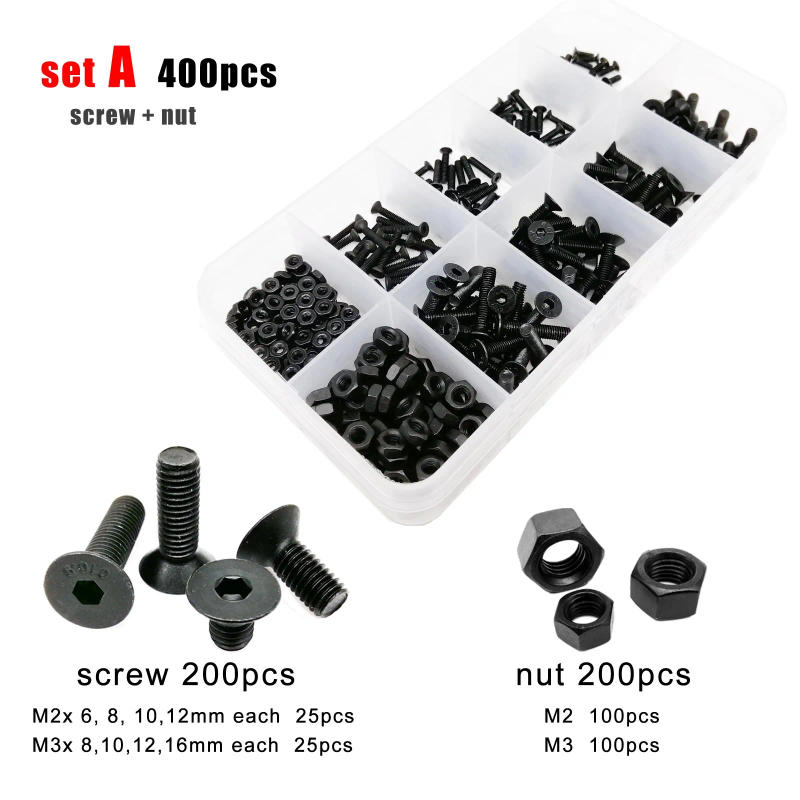 Description Picture 4 of item400/2100 M1.6 M2 M2.5 M3 M4 Black Grade 10.9 Steel Hexagon Hex Socket Flat Countersunk Head Screw Bolt Nut Washer Assortment Kit