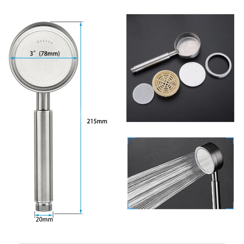 Description Picture 6 of itemHigh Pressure 304 Stainless Steel Brushed Round ECO Single Functions PP Filter Faucet Accessory Bathroom Hand Held Shower Head