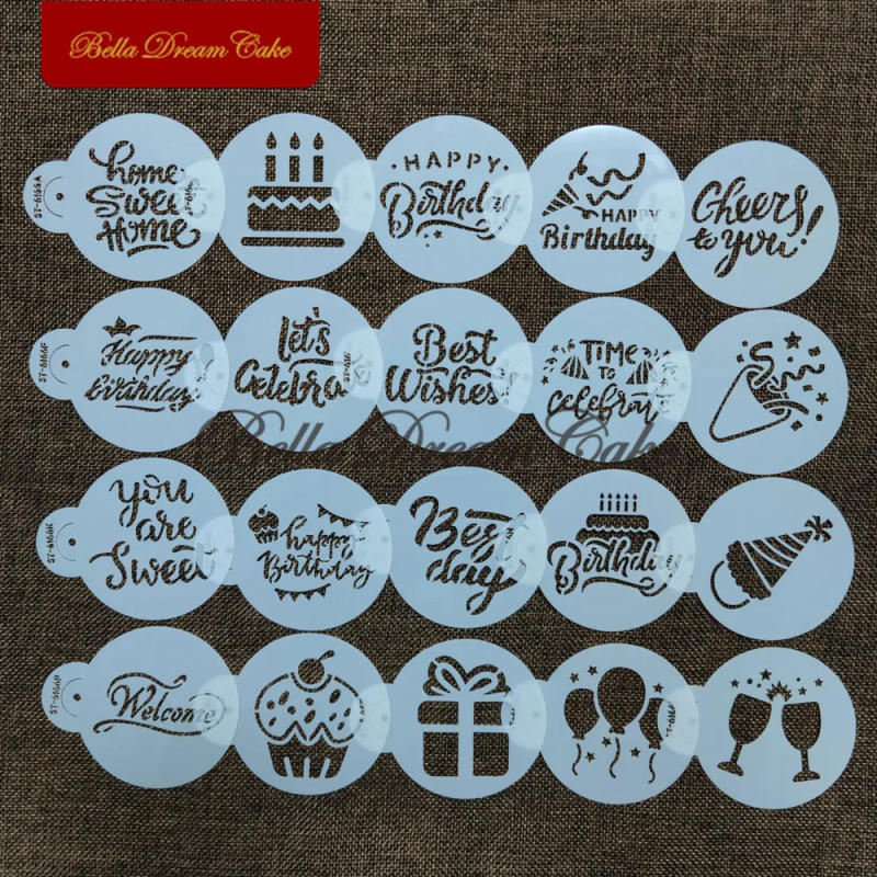 Description Picture 3 of item20pcs/set Happy Birthday Best wish Cookies Stencil PET Chocolate Coffee Stencils Template DIY Cake Decorating Tools Bakeware