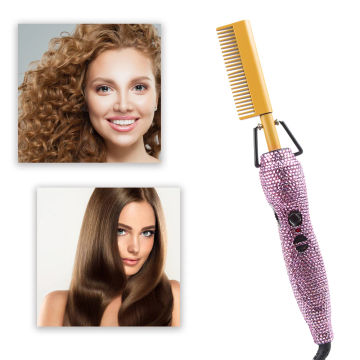 Hair Straightener Comb Crystal Rhinestone Ceramic Straightening Brush Eletric Heating Styler Curling Irons 2 In 1 Styling Tools