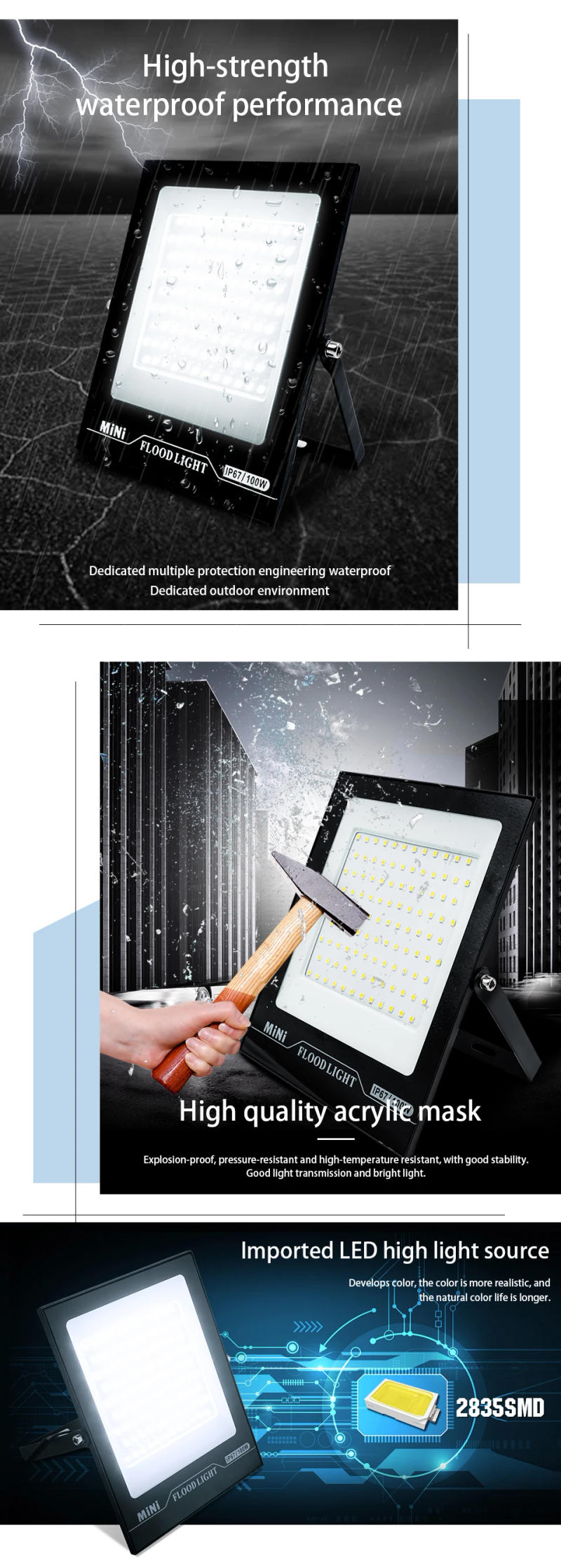 Description Picture 4 of itemLED Flood Light AC220V 10W 20W 30W 50W 100W 150W 200W Outdoor Led Floodlight Spotlight IP67 Waterproof Street Lamp Wall Lighting