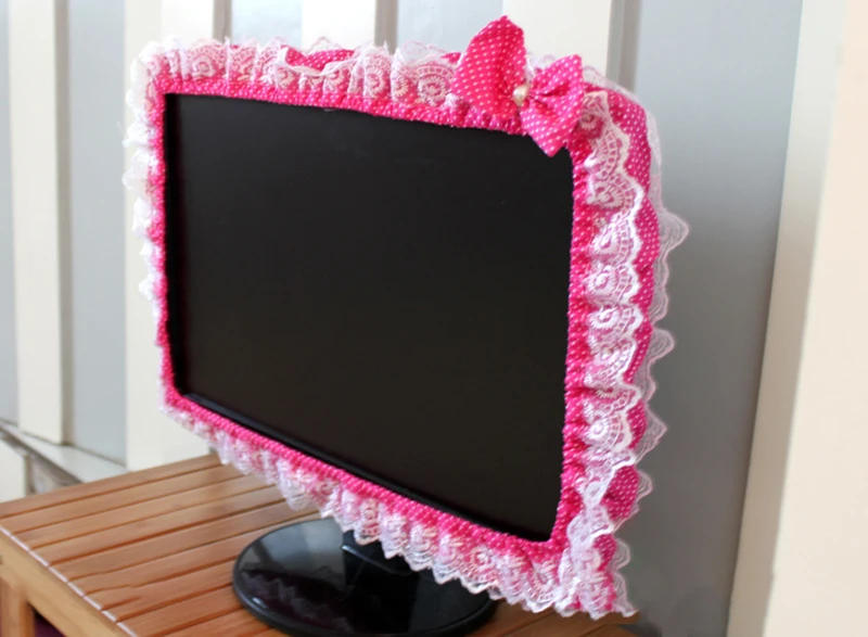 Description Picture 2 of itemLace Fabric Computer Frame Cover Monitor Screen Dust Cover With Elastic Pen Pocket Bow Home Decorations