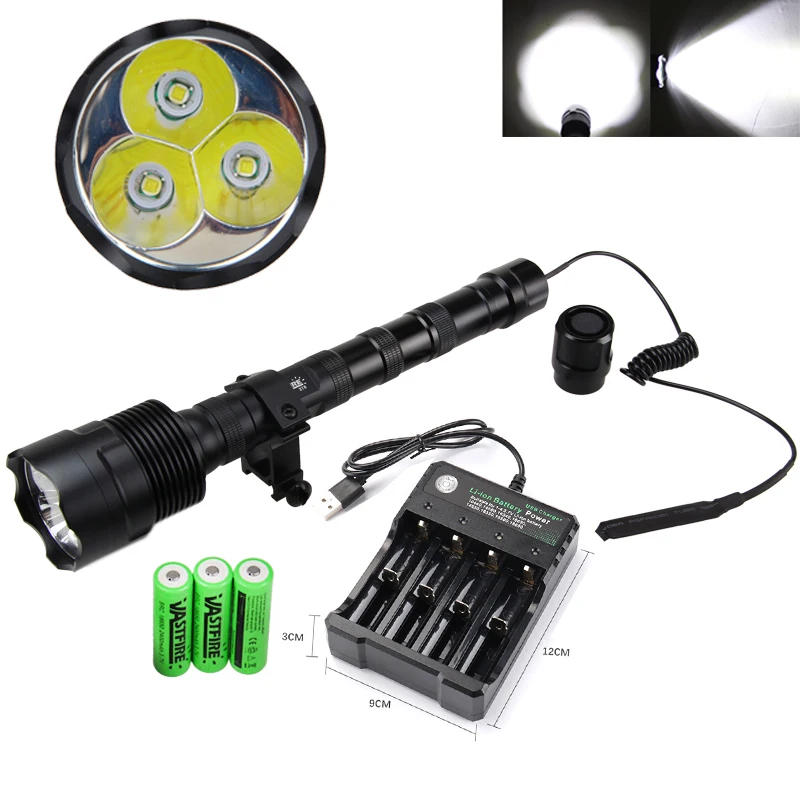 Description Picture 2 of item6000 lumens Hunting Light High Powerful LED Tactical Flashlight+3*18650 Battery+Remote Pressure Switch+Scope Mount+Charger