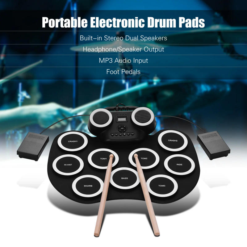 Description Picture 4 of itemRoll-up Electronic Drum Pad Silicon Digital Drum with Built-in Battery Speakers Foot Pedals Headphone Monitoring Colorful Light
