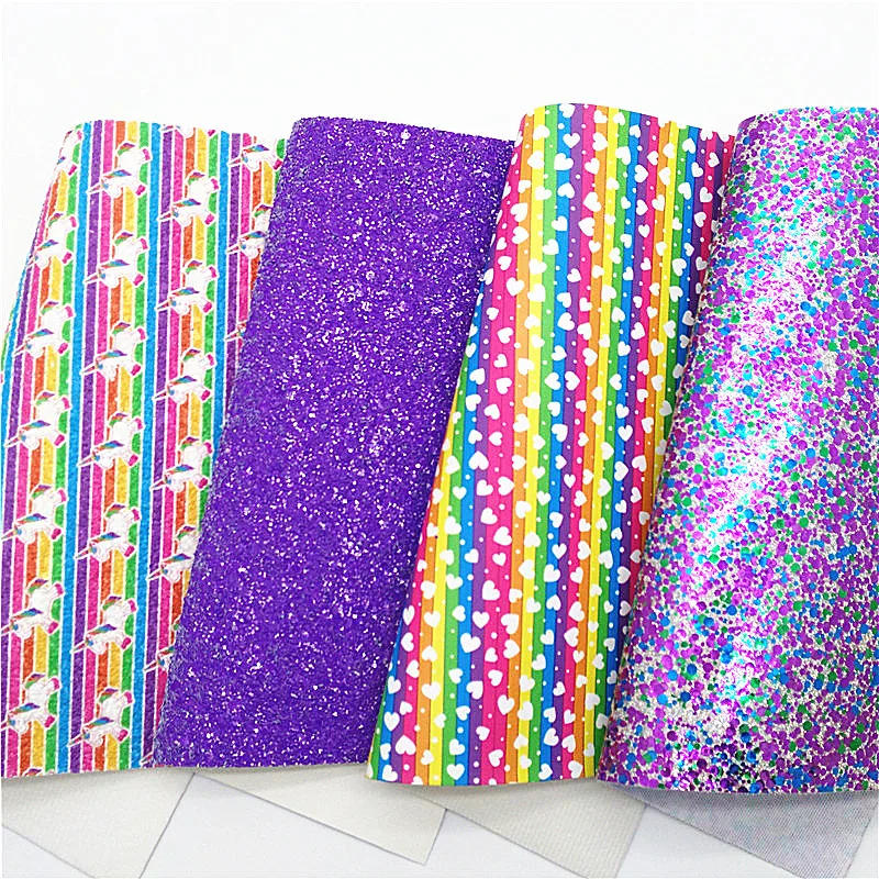 Description Picture 3 of itemPurple Chunky Glitter Leather Unicorn Stripes Glitter Fabric Hearts Printed Synthetic Leather Vinyl Sheets For Bows 21x29CM Q701