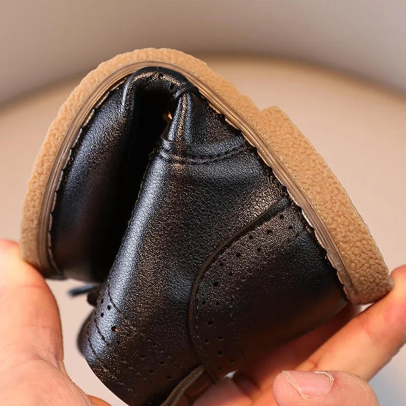 Description Picture 6 of itemChildren Boots British Style Fretwork Pu Leather Brown Black Boys Girls Short Boot 21-30 Toddler Zipper Solid Color Kids Shoes