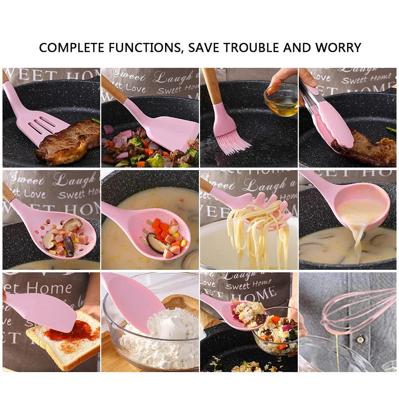 Description Picture 5 of itemYOMDID Food Grade Silicone Kitchen Cooking Utensils Practical Cooking Tools Turner Spatula Spoon With Wooden Handle Kitchenware