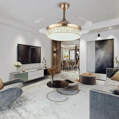 OUKANING 42" Ceiling Fan Light W/ LED Lamp Beads Remote Control, 4 Retractable Blades 3 Color Changes Chandeliers for Livingroom