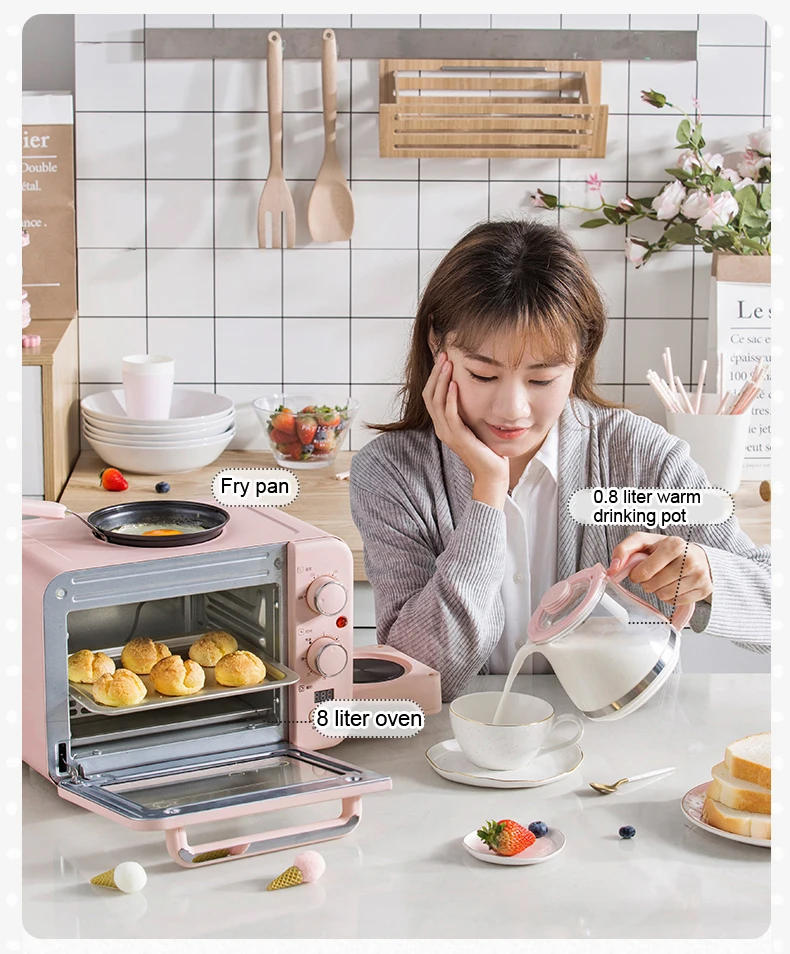 Description Picture 4 of item3 In 1 Breakfast Makers Small Electric Oven 8L Milk Heating Bread Breakfast Machine Toaster Oven Coffe Pizza Maker Water Kettel