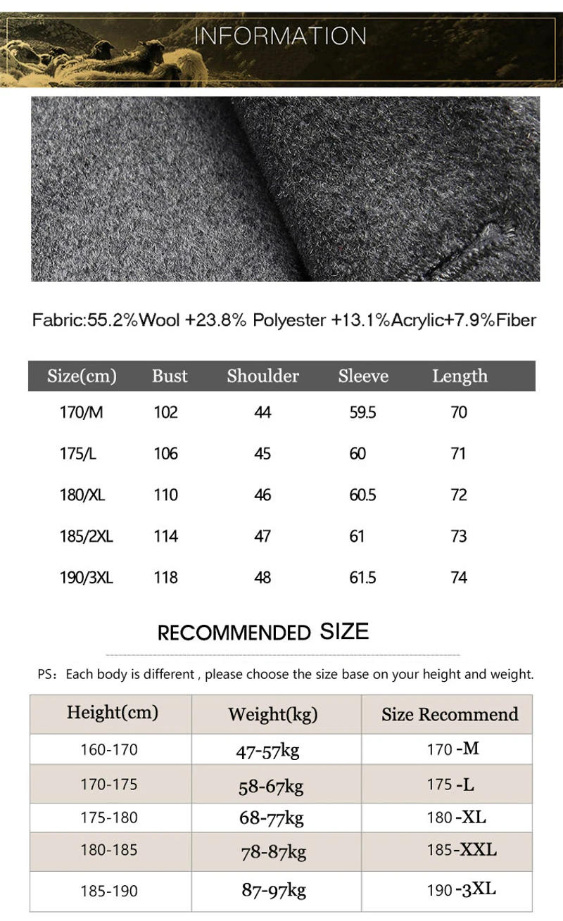 Description Picture 2 of itemMen Black Suit High Quality Winter Woolen Suit Blazer Casual Wool Suit Jacket Oversize Overcoat Male Button Up Top Windbreaker