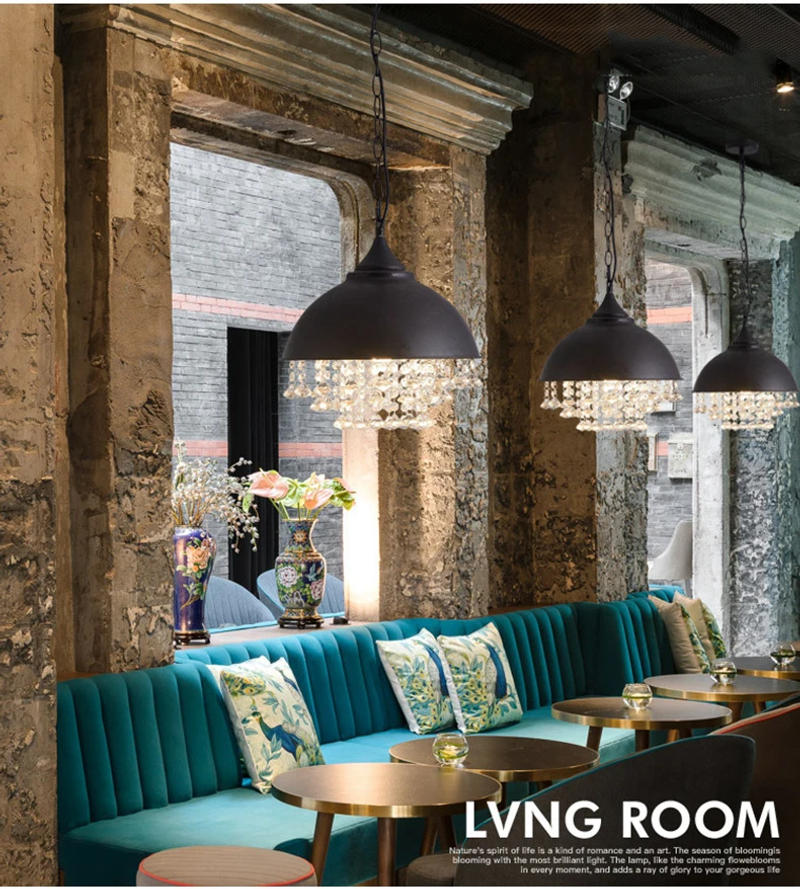 Description Picture 2 of itemIndustrial Black Vintage Pendant Lamp Iron Crystal Chandelier Lighting Ceiling Fixture Restaurant Cafe Kitchen Lamp Design