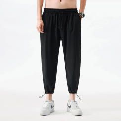 2023 Korean Men'S Loose Ice Silk Casual Boys And Teenagers Trend Drawstring Leggings Basketball Pants Summer Thin 9-Point Trous