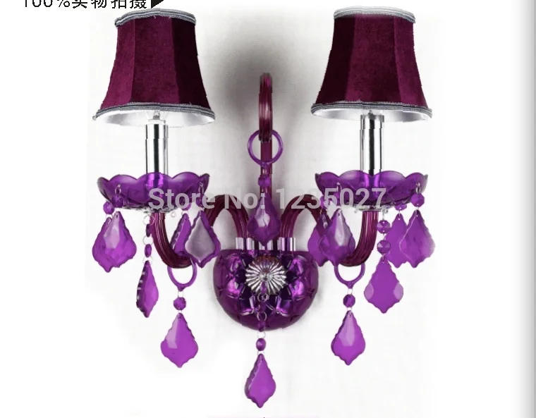 Description Picture 2 of itemNew Arrival Hotsale Purple Crystal Wall Lamp Candle Led E14 Bulbs Purple Fabric Lampshade 2 Lights 100% Guaranteed