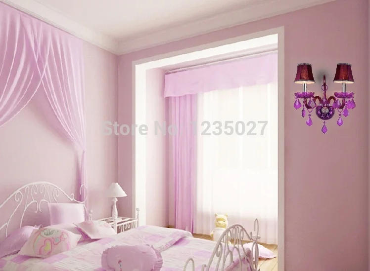 Description Picture 6 of itemNew Arrival Hotsale Purple Crystal Wall Lamp Candle Led E14 Bulbs Purple Fabric Lampshade 2 Lights 100% Guaranteed