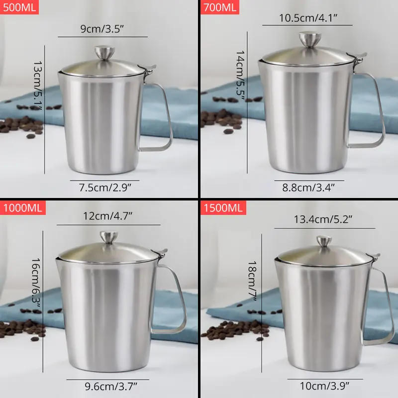 Description Picture 2 of item304 Stainless Steel Milk Frothing Pitcher Jug with Lid and Measurment  Upgraded Thicken Measuring Cups Coffee Foam Container