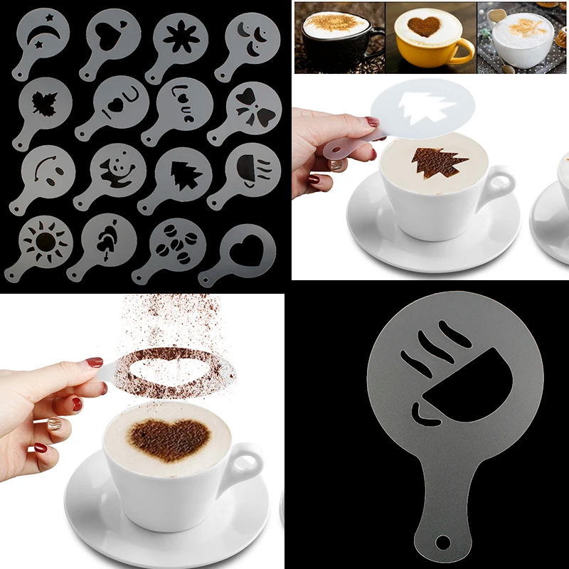 Description Picture 2 of item16pcs/set Coffee Latte Cappuccino Coffee Art Stencils Template Strew Flowers Pad Duster Spray for Coffee Decor Tools Accessories