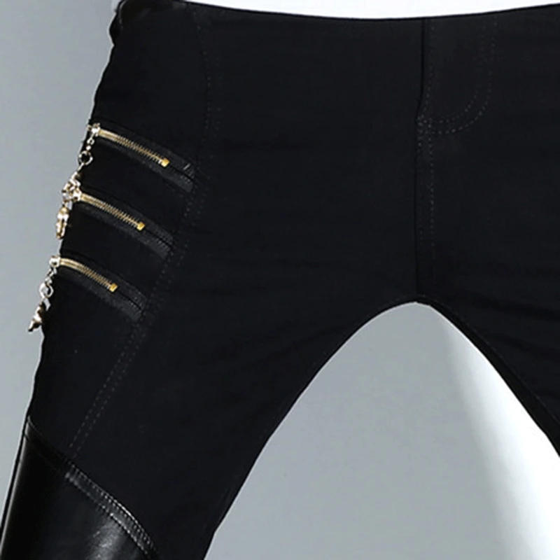 Description Picture 6 of itemFashion Men's Night Club DJ Pants Skinny Patchwork PU Leather Pants With Zippers Punk Style Black Trousers For Men