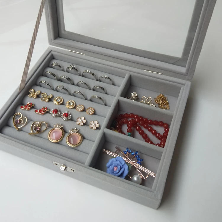 Description Picture 3 of itemVelvet Jewelry Display Box with Glass Lid 20*15*5cm Flocking Jewelry Organizer for Ring/Earring/Bracelet/Necklace Storage Case