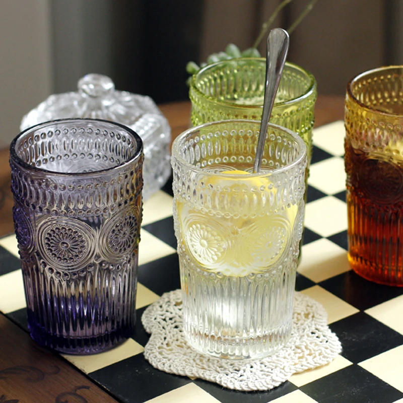 Description Picture 3 of item350ml Colorful Class Cup Engraving Flower Glass Water Cup Coffee Mug Glass Juice Milk Tea Cup Drinkware Mug Gift
