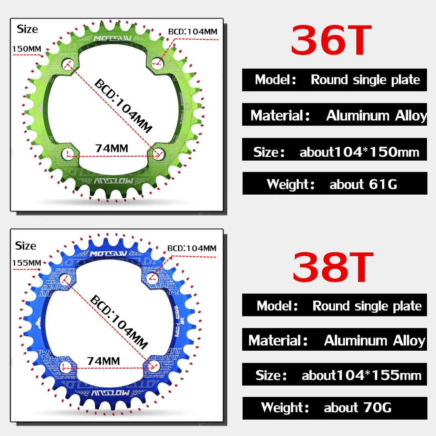 Description Picture 5 of itemMOTSUV Round Narrow Wide Chainring MTB Mountain bike bicycle 104BCD 32T 34T 36T 38T crankset Tooth plate Parts 104 BCD