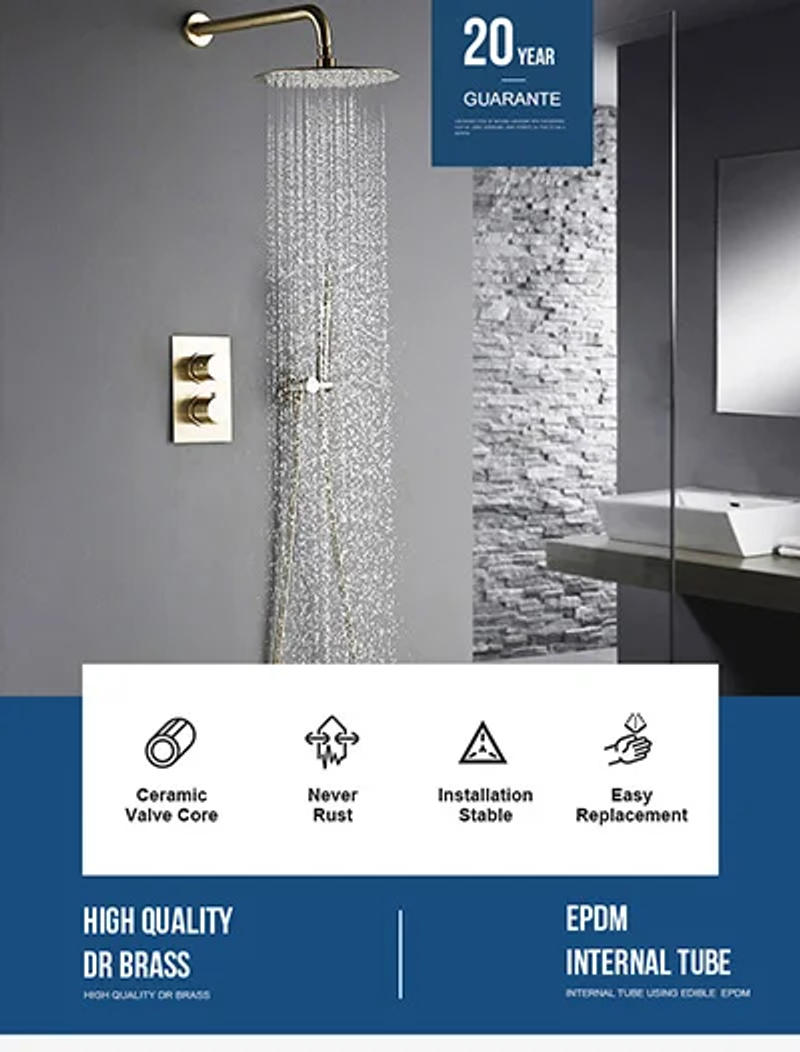 Description Picture 5 of itemSmesiteli 8 10 12 Inch Bathroom Faucet 2 Dial 2 Way Gold Shower Set Diverter Thermostatic Control Mixing Valve Rainshwoer Sets