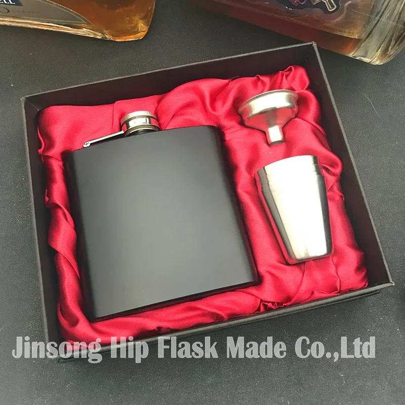 Description Picture 3 of item68set  Matt black  6oz hip flask with  4 cups and one funnel in black gift box,18/8 stainless steel