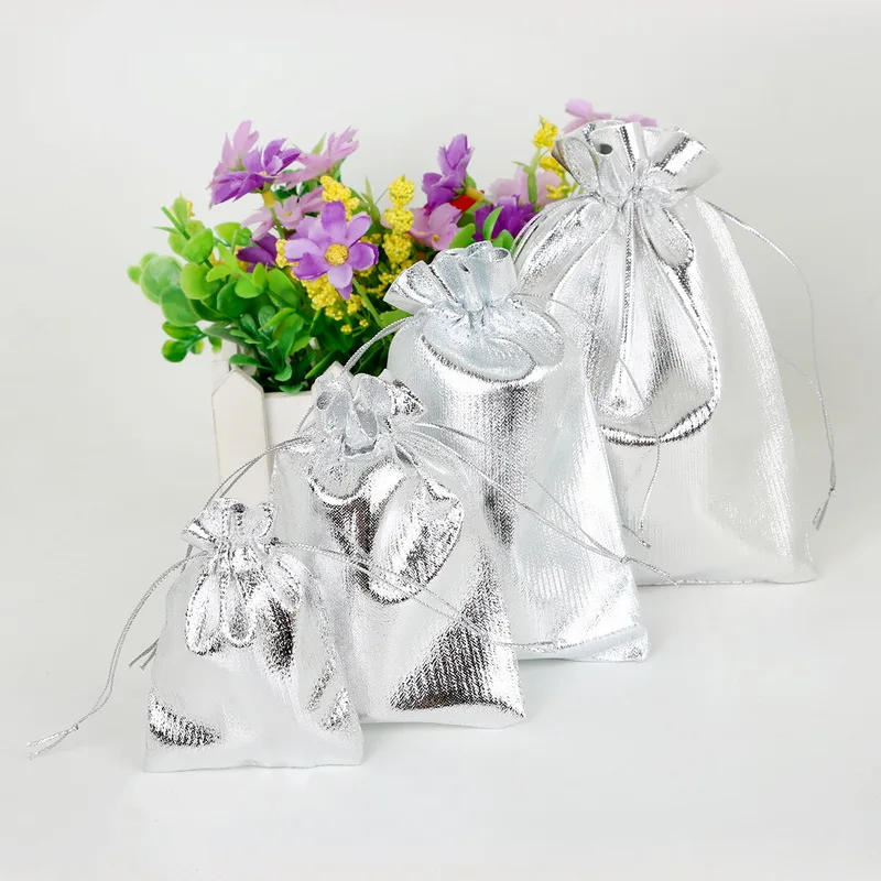 Description Picture 6 of item10pcs/lot Gold Silver Color Drawstring Organza Bag Jewelry Packaging Bag Christmas Wedding Decoration Favors Gift Pouches