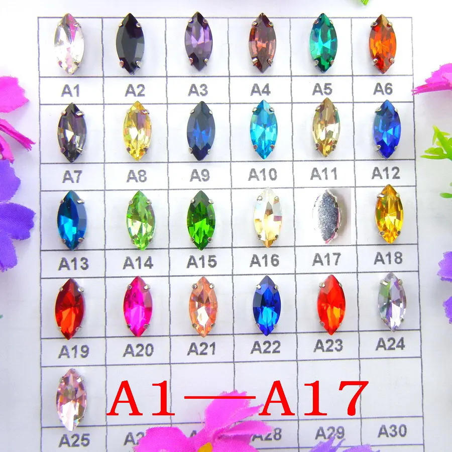 Description Picture 3 of itemGlass Crystal Silver claw settings 8 sizes nice colors horse eye Navette Marquise shape Sew on rhinestone beads appliques diy