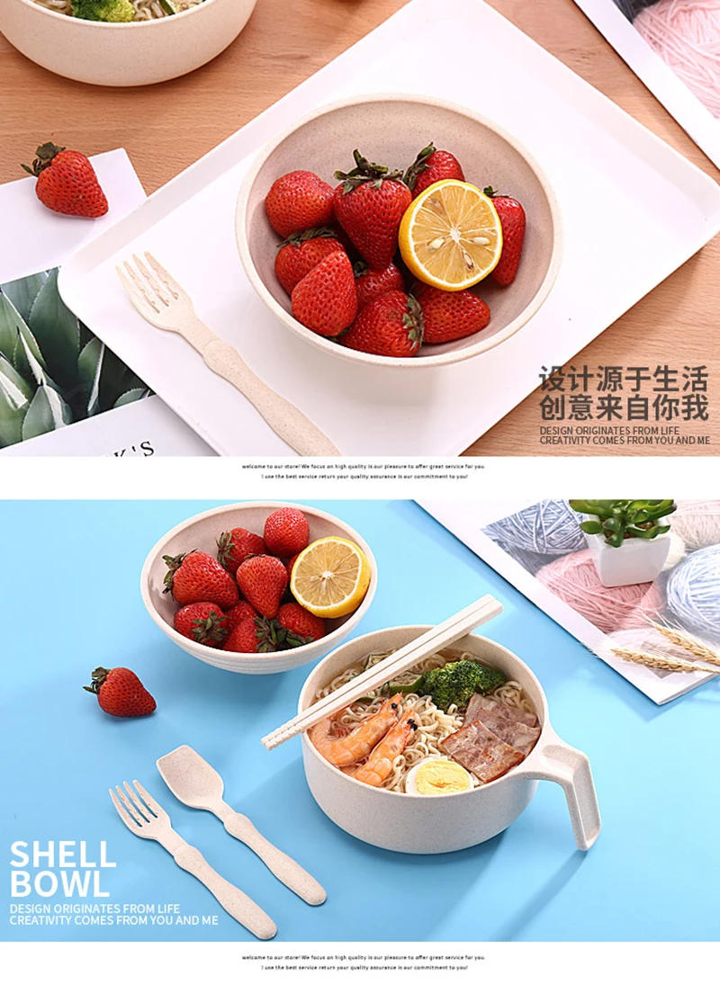 Description Picture 4 of itemEco-Friendly Wheat Straw Instant Noodles Bowl With Lid Handle Dinnerware Set Soup Salad Rice Bowl Microwaveable Japanese Bowls