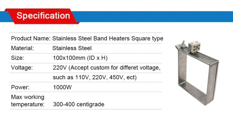 Description Picture 3 of itemLJXH Band Heater 220V 1000W Stainless Steel Heating Element Size 100x100mm for Plastic Machinery and Electronic Equipment 1PC