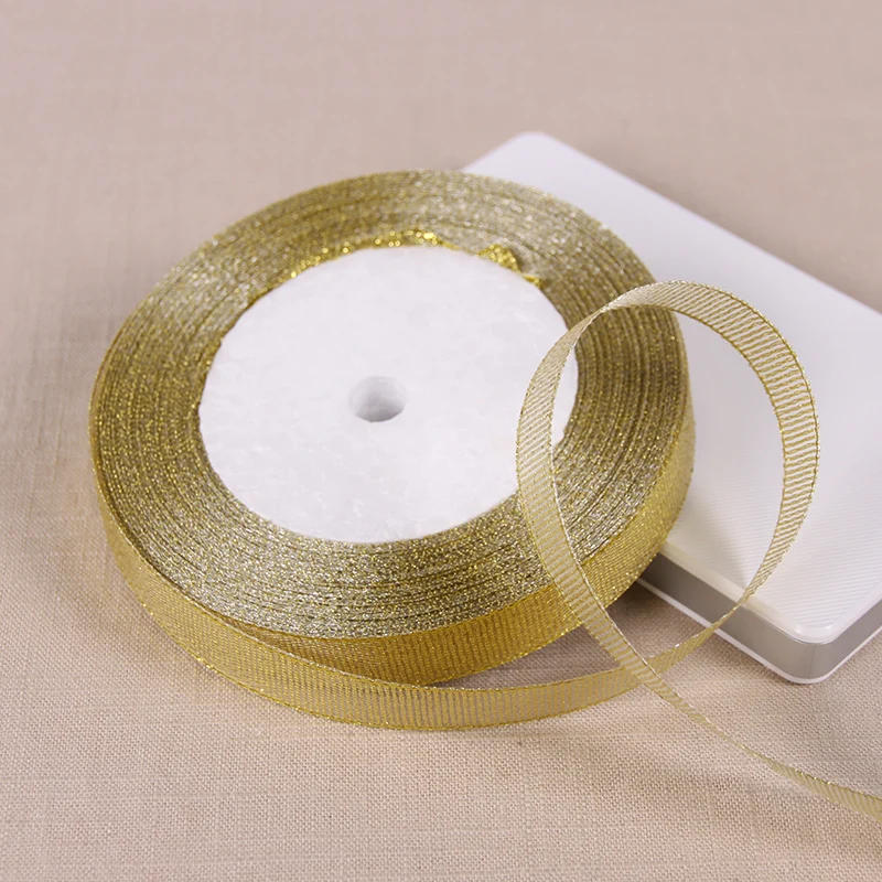 Description Picture 2 of item25Yards 6mm Silver Gold Glitter Silk Satin Ribbon Party Home Wedding Decoration Gift Wrapping Christmas Halloween DIY Material