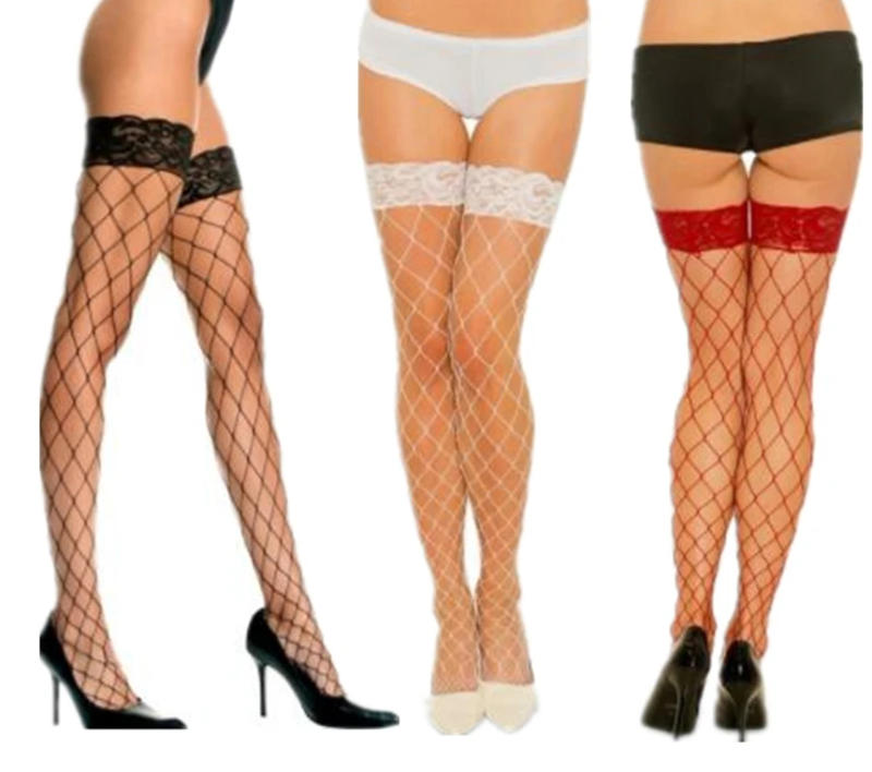 Description Picture 2 of itemSexy Big Mesh Stockings Women Lace Top Sheer Stay Up Thigh High Stockings Ladies Black White Red Nylon Fishnet Pantyhose